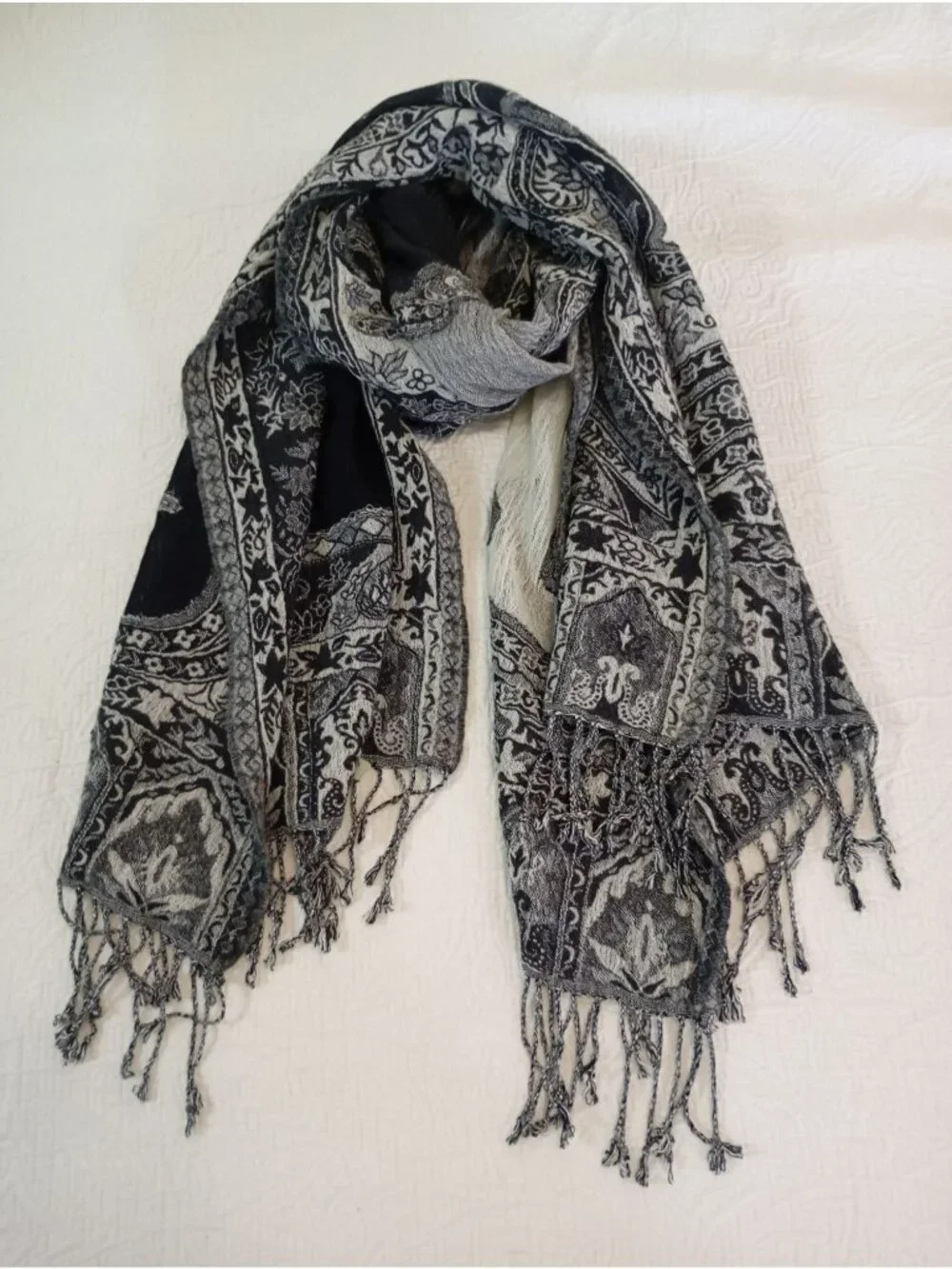 Lucky Wrap Scarf Paisley Fringe Wool Blend Black & Gray